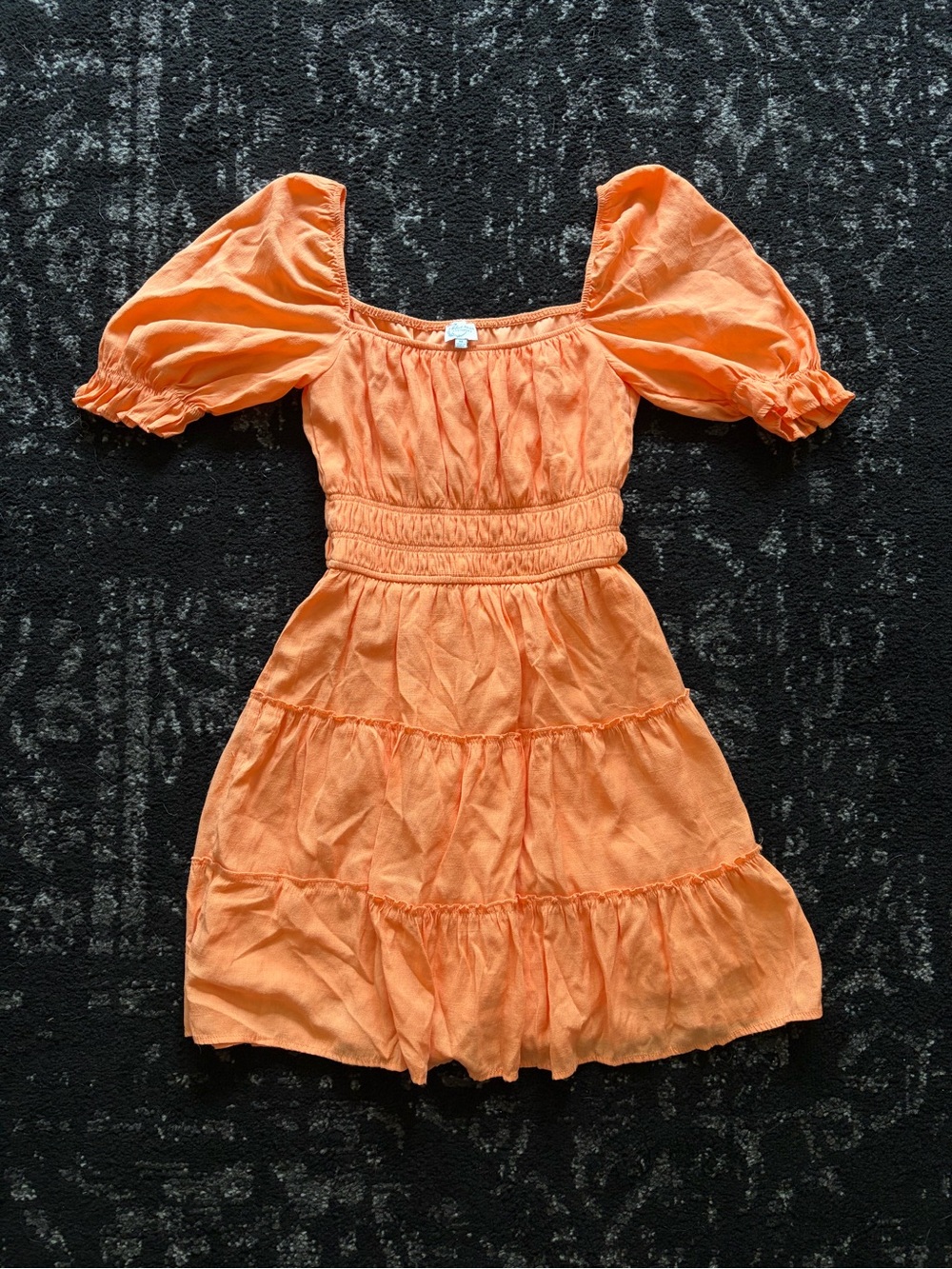 Orange Puff Sleeve Smocked Waist Casual Dress